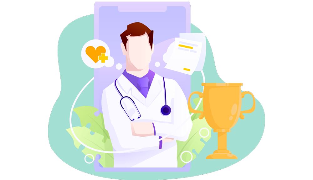 Medical professional with patient and trophy